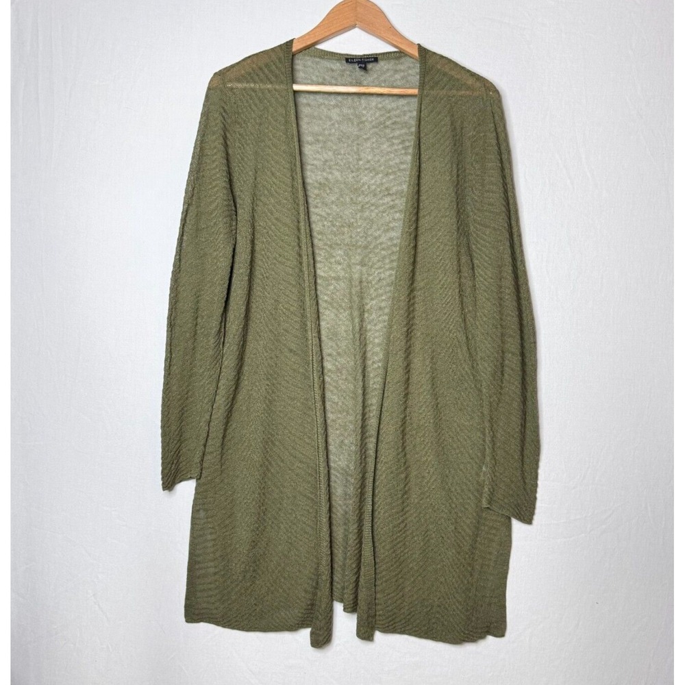 Eileen Fisher Long Cardigan Sz M Green Lightweight Hemp Knit Lagenlook Minimal